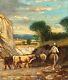 Old Signed Painting. Shepherd With Cows. Oil Painting On Wood Panel 19th Century.