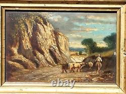 Old signed painting. Shepherd with cows. Oil painting on wood panel 19th century.