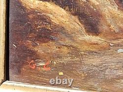 Old signed painting. Shepherd with cows. Oil painting on wood panel 19th century.