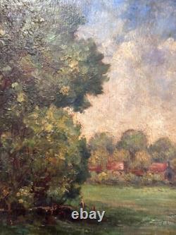 Old signed painting, post-impressionist landscape, sky, forest, Art Deco panel