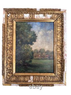 Old signed painting, post-impressionist landscape, sky, forest, Art Deco panel
