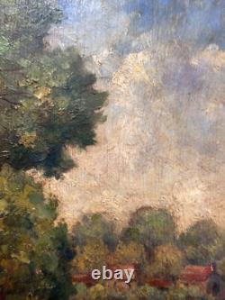 Old signed painting, post-impressionist landscape, sky, forest, Art Deco panel