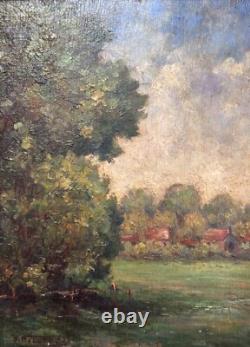 Old signed painting, post-impressionist landscape, sky, forest, Art Deco panel
