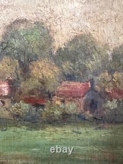 Old signed painting, post-impressionist landscape, sky, forest, Art Deco panel