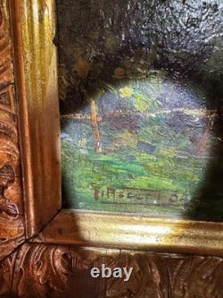 Old signed painting, post-impressionist landscape, sky, forest, Art Deco panel