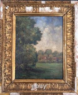 Old signed painting, post-impressionist landscape, sky, forest, Art Deco panel