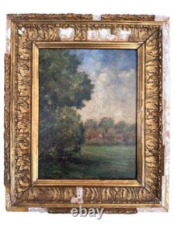 Old signed painting, post-impressionist landscape, sky, forest, Art Deco panel