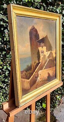 Old signed tableau. Animated seascape. Oil painting on canvas.