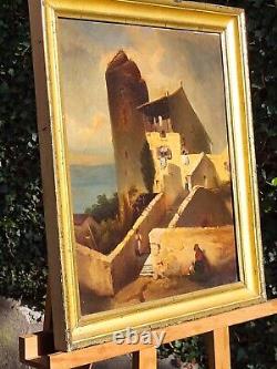 Old signed tableau. Animated seascape. Oil painting on canvas.