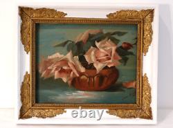 Old small oil on panel signed, still life bouquet of pink roses