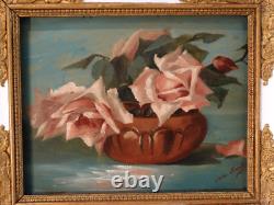 Old small oil on panel signed, still life bouquet of pink roses
