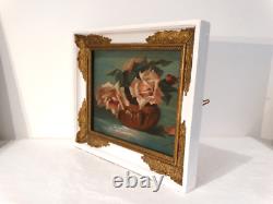 Old small oil on panel signed, still life bouquet of pink roses