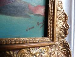 Old small oil on panel signed, still life bouquet of pink roses