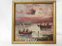 Old small seascape painting oil on canvas board