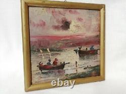 Old small seascape painting oil on canvas board