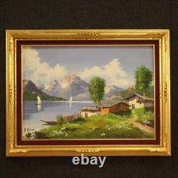 Old style mountain landscape oil painting on canvas with lake 900 frame