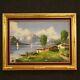 Old Style Mountain Landscape Oil Painting On Canvas With Lake 900 Frame