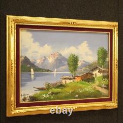 Old style mountain landscape oil painting on canvas with lake 900 frame