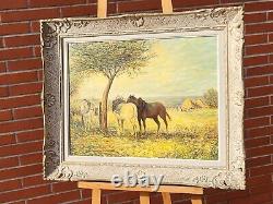 Old tableau signed Landscape Animated Horses. Oil painting on canvas.