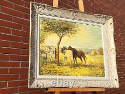Old tableau signed Landscape Animated Horses. Oil painting on canvas.