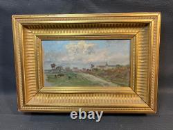 Old wooden painting in oil on gilded panel by G. Costeau
