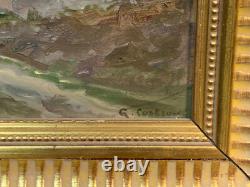 Old wooden painting in oil on gilded panel by G. Costeau