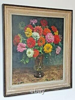 Oswald Poreau Large Old Painting 86 X 76 Zinnias Bouquet Oil On Panel