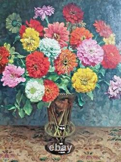 Oswald Poreau Large Old Painting 86 X 76 Zinnias Bouquet Oil On Panel