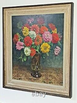 Oswald Poreau Large Old Painting 86 X 76 Zinnias Bouquet Oil On Panel