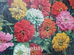 Oswald Poreau Large Old Painting 86 X 76 Zinnias Bouquet Oil On Panel