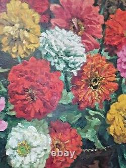 Oswald Poreau Large Old Painting 86 X 76 Zinnias Bouquet Oil On Panel