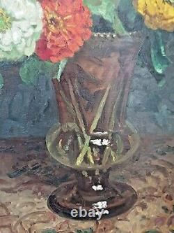 Oswald Poreau Large Old Painting 86 X 76 Zinnias Bouquet Oil On Panel