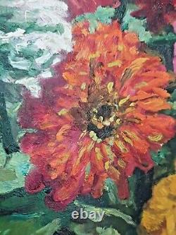 Oswald Poreau Large Old Painting 86 X 76 Zinnias Bouquet Oil On Panel