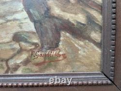 Ours, Oil on panel signed Gaudillere, Antique painting, Early 20th century