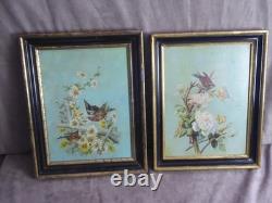 PAIR OF OILS ON PANELS. Antique. BIRDS ON THE BRANCHES