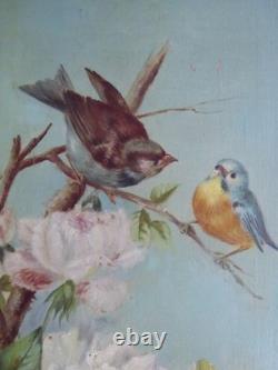 PAIR OF OILS ON PANELS. Antique. BIRDS ON THE BRANCHES