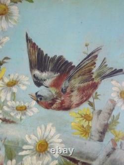 PAIR OF OILS ON PANELS. Antique. BIRDS ON THE BRANCHES
