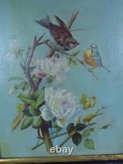 PAIR OF OILS ON PANELS. Antique. BIRDS ON THE BRANCHES
