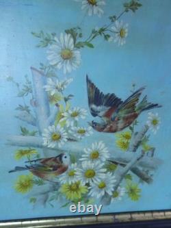 PAIR OF OILS ON PANELS. Antique. BIRDS ON THE BRANCHES