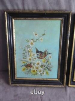 PAIR OF OILS ON PANELS. Antique. BIRDS ON THE BRANCHES