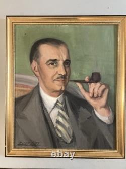 Painting 1940 Oil on Canvas Portrait of a Man with a Pipe Antique Art Deco Old