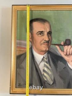 Painting 1940 Oil on Canvas Portrait of a Man with a Pipe Antique Art Deco Old