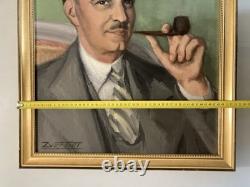 Painting 1940 Oil on Canvas Portrait of a Man with a Pipe Antique Art Deco Old