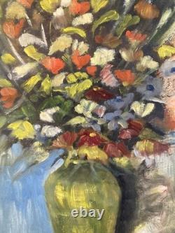 Painting 1960 Oil on Paper Expressionist Flower Bouquet Antique Art