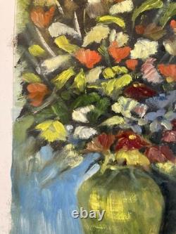 Painting 1960 Oil on Paper Expressionist Flower Bouquet Antique Art