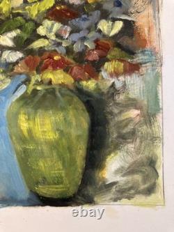 Painting 1960 Oil on Paper Expressionist Flower Bouquet Antique Art