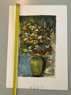 Painting 1960 Oil on Paper Expressionist Flower Bouquet Antique Art