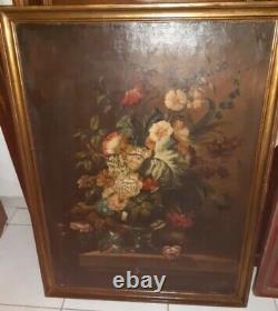 Painting Ancient Bouquet Of Flowers Oil On Canvas Nature Dead Xixth