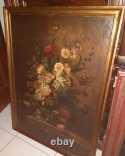 Painting Ancient Bouquet Of Flowers Oil On Canvas Nature Dead Xixth