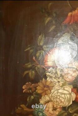 Painting Ancient Bouquet Of Flowers Oil On Canvas Nature Dead Xixth